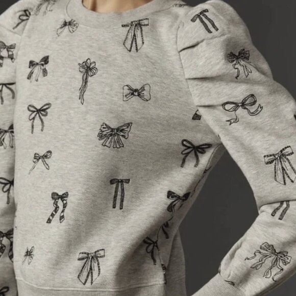 NWOT Maeve Anthropologie Gray Puff-Sleeve Bow Embroidered Sweatshirt - Size M - Picture 8 of 10